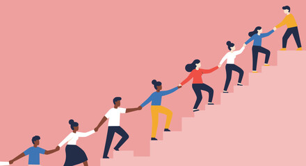 Teamwork and unity: diverse individuals helping each other climb stairs
