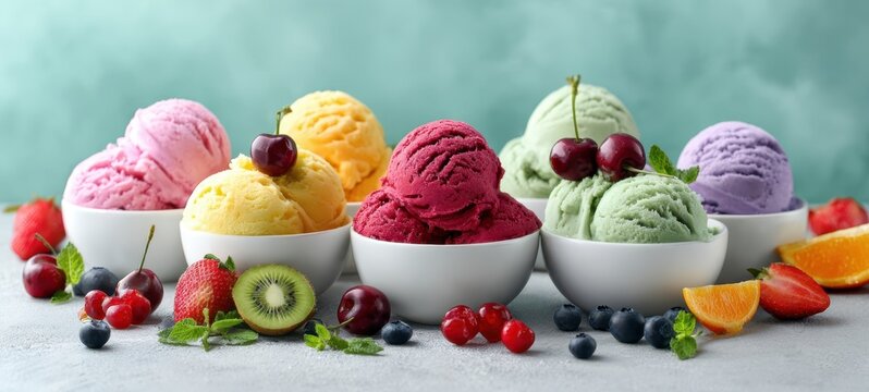 The colorful assortment of ice cream scoops with fresh fruits and mint leaves.