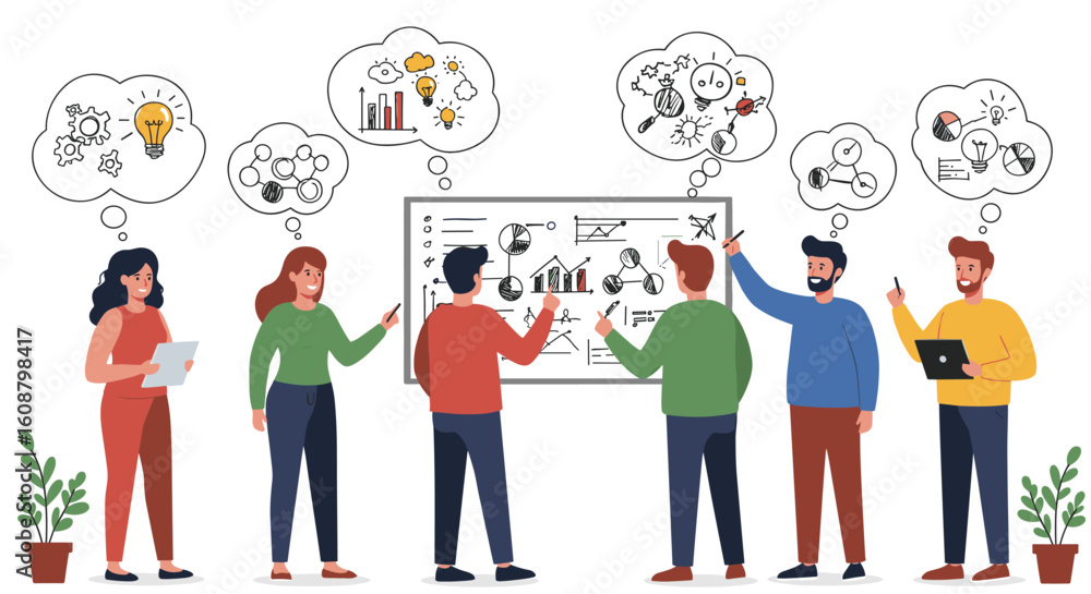Poster collaborative brainstorming session with team discussing creative ideas and analytics