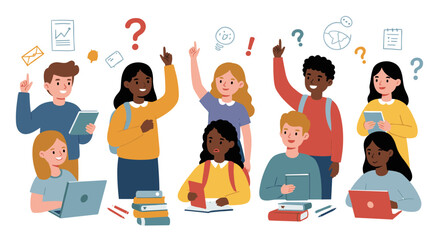 Diverse students engaged in classroom activities with technology and books