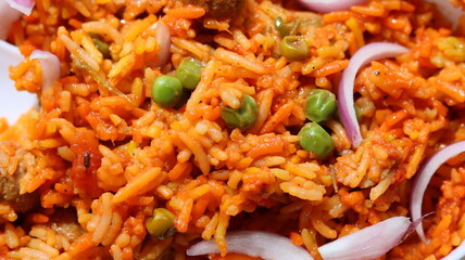 Close up image of delicious indian veg biryani, peas and soyabean biryani, selective focus 