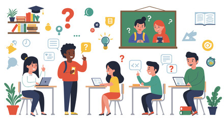 Classroom learning scene with diverse students and teacher engaged in educational activities