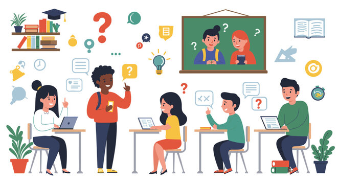 Classroom learning scene with diverse students and teacher engaged in educational activities