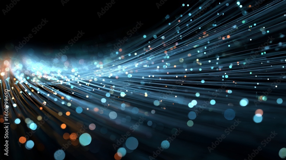 Poster abstract image of optical fibers with blurred lights representing modern communication technology an