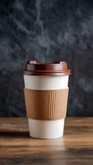 Close up shot of a takeaway coffee cup with brown lid and sleeve perfect for a morning boost and enj.jpg