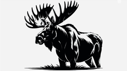 Black and white silhouette illustration of a moose standing in profile facing left