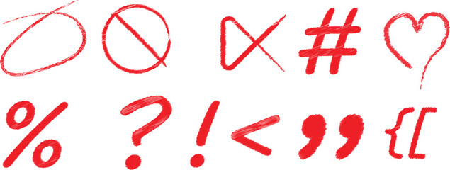 Hand-drawn red sketch punctuation symbols including percent, heart, hashtag, question mark, quotes, and brackets. Ideal for creative projects, graphic design, or expressive illustrations.