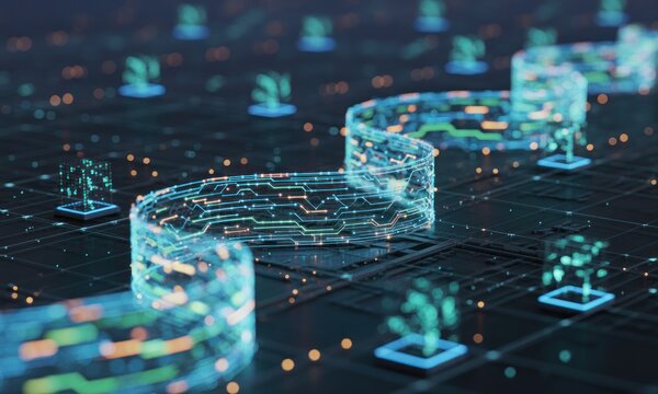 Abstract digital circuit board with glowing, winding pathway