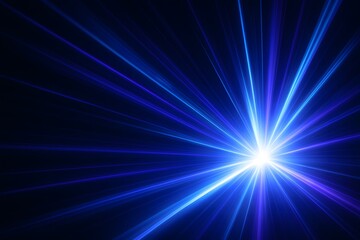 Obraz premium Radiant burst of blue and purple light beams shining outward from a central glowing point on a dark background, creating a dynamic and energetic abstract visual ideal for technology, sci-fi, and digit