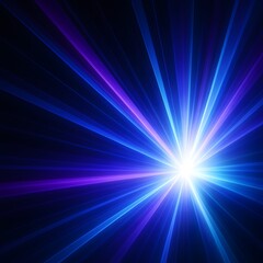 Obraz premium Radiant burst of blue and purple light beams shining outward from a central glowing point on a dark background, creating a dynamic and energetic abstract visual ideal for technology, sci-fi, and digit