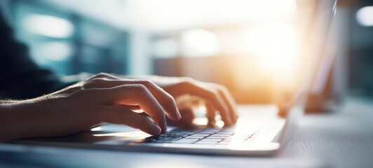 The hands typing on a laptop keyboard in a stylish modern workspace
