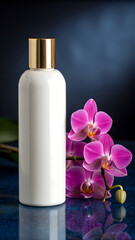 Elegant white cosmetic bottle with a golden cap sits next to vibrant pink orchid flowers on a reflective dark surface