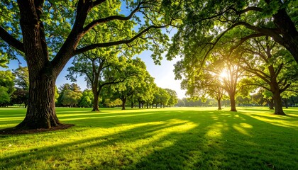 Fototapeta premium Sunny park scene with lush trees