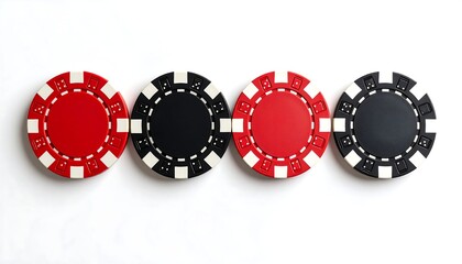 Four casino chips, red and black, arranged in a row on a white background