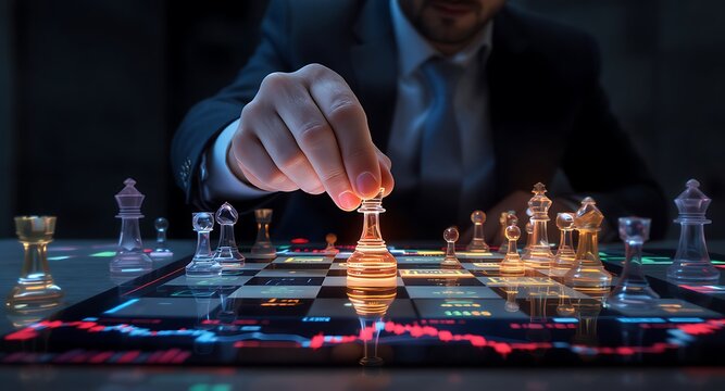 A businessman strategically moves a chess piece, illuminated on a futuristic chessboard displaying data streams.