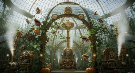 Obraz premium A mystical greenhouse decorated for Halloween. Pumpkins, vines, and steam create an enchanting atmosphere. Gears and machinery add a steampunk touch.