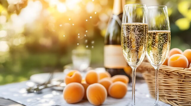 Champagne Glasses and Fresh Apricots on Outdoor Table in Sunny Garden perfect for summer celebration ads, picnic lifestyle content, drink brand promotions and seasonal event invitations