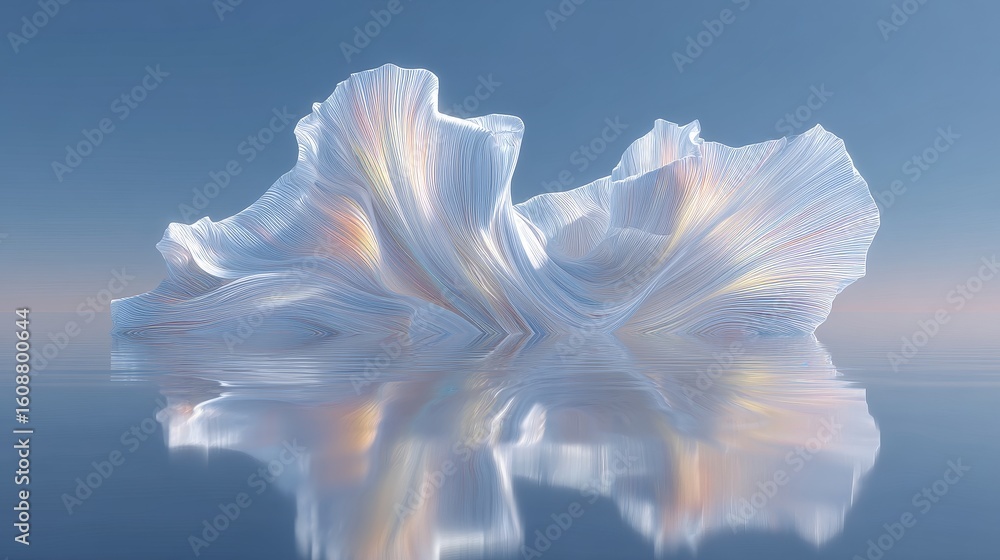 Poster an abstract flowing form with soft lines and reflection on a calm water surface, showcasing modern a