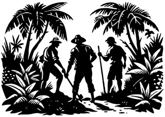 Explorers Discovering Ancient Jungle Archway Silhouette