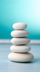Serene stack of smooth white zen stones balanced perfectly on a light blue surface with a soft turquoise background