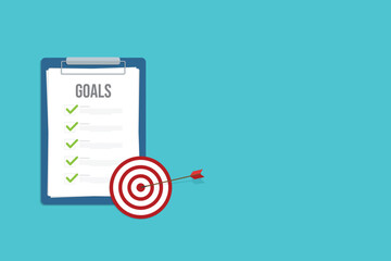 Goals list with checklist and arrow hitting the center of a target, business achievement concept	