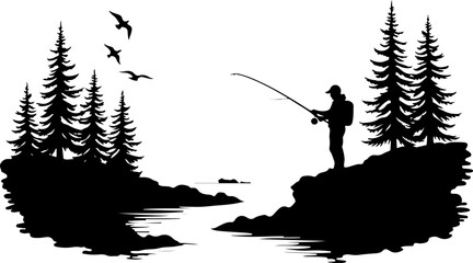 Naklejka premium Fishing in Canoe Silhouette – Father and Child Lake Scene Vector