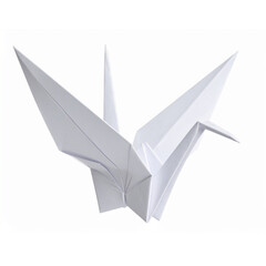  White origami crane spreading its wings, isolated on transparent background, representing peace, art, and japanese culture
