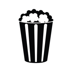 Simple black and white image of popcorn in a striped container