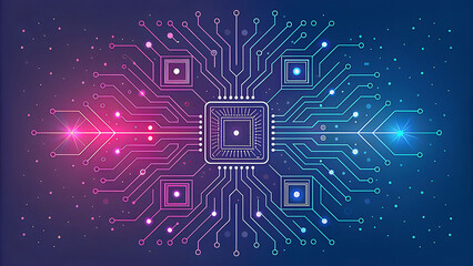 Abstract digital circuit board with glowing pink and blue lights symbolizing advanced technology and data flow