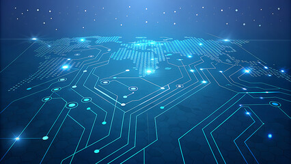 Abstract digital circuit board with glowing blue connections and data flow