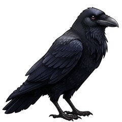 Black raven with glossy feathers and beak perched upright