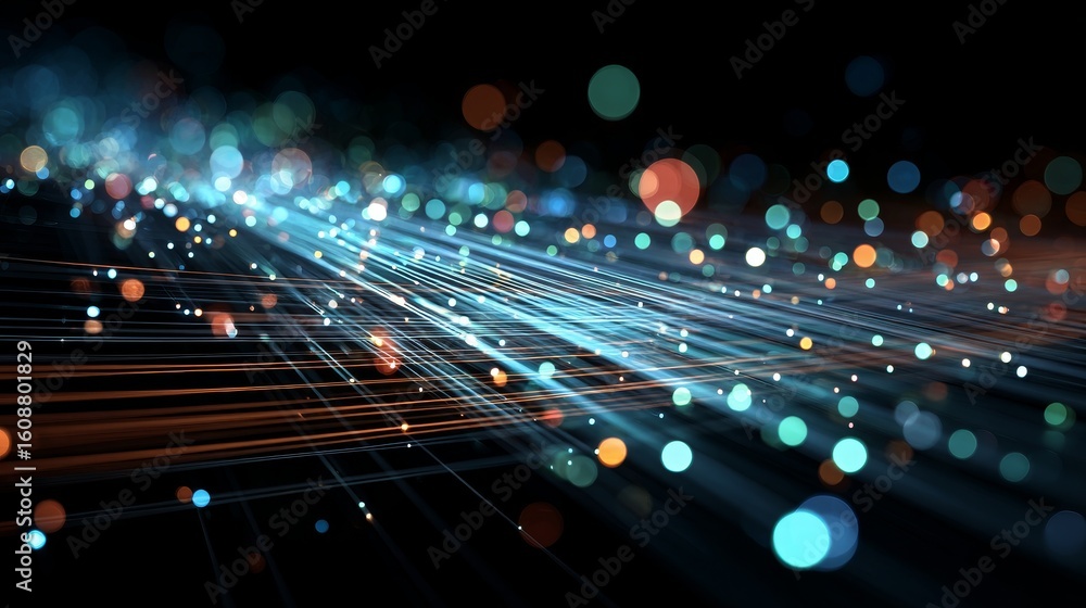 Poster an abstract image showing digital network connections with colorful glowing dots, representing moder