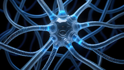 Detailed Neural Network Rendering with Bioluminescent Tubes Interconnecting at a Central Core Depicted Against a Black Backdrop