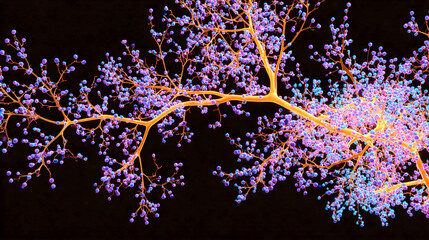 A detailed view of an isolated, vibrant orange vector neuron cell with many blue and purple statin molecular structures scattered around it on a black background