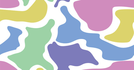 Colorful pastel camouflage seamless pattern with abstract organic shapes. Soft multicolor design ideal for kids, fashion, fabric, or digital backgrounds. Vector art on white backdrop.
