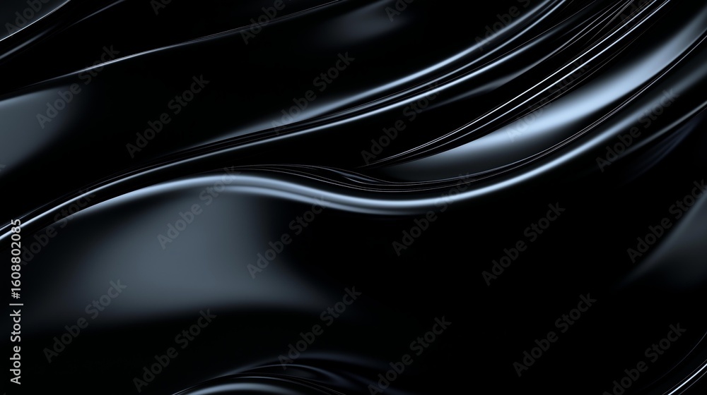Poster a stunning close-up of smooth black waves merging in a fluid motion. the glossy surface reflects lig