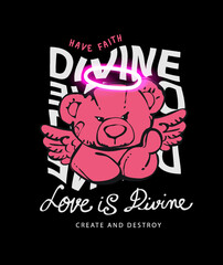 typography slogan with bear doll angel vector illustration on black background