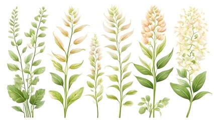 Fototapeta premium Watercolor painting of four distinct colorful flowers, each uniquely illustrated with artistic brush strokes on a white background