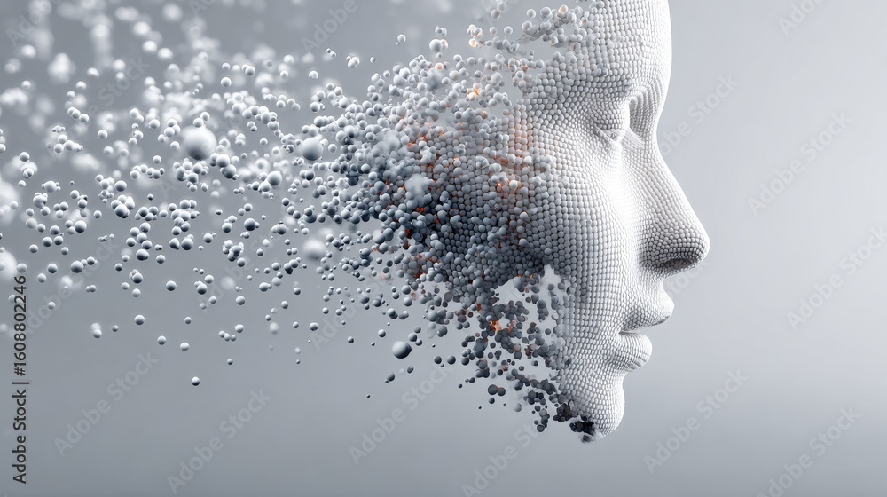 Poster an abstract digital human head with particles and technological elements showcasing modern digital a