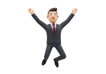 灰色のスーツと赤いネクタイを着た男性がジャンプする3Dレンダリングイラスト透明な背景
