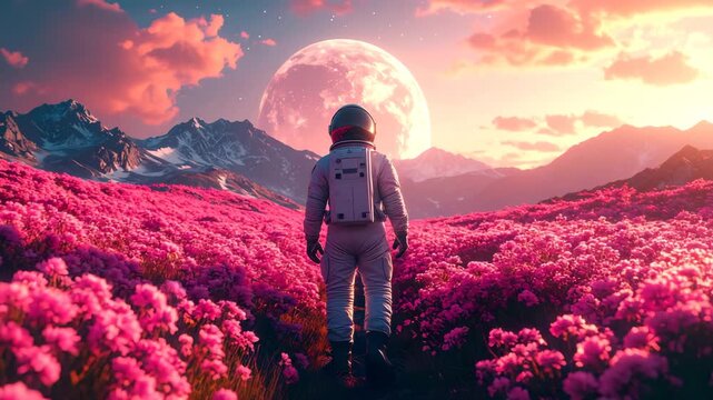 Cinematic Journey of an Astronaut Traversing a Surreal Pink Alien Meadow Towards a Giant Moon.