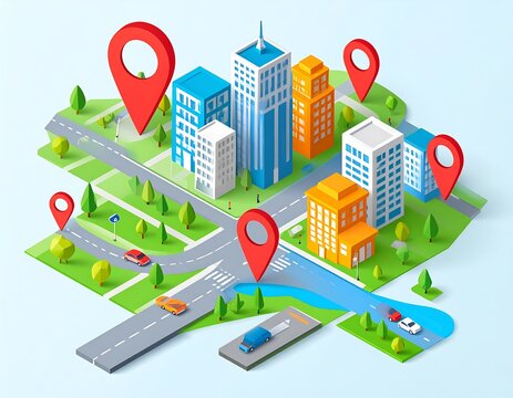 Isometric city map with roads, buildings, and location markers