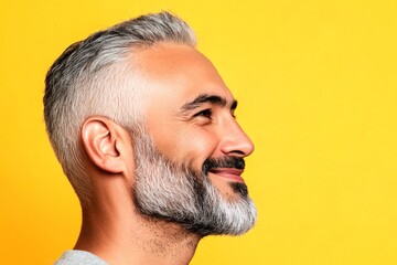 Obraz premium Drawing art of style for aging men. A modern and graceful man smiling naturally. Chic men's hard part haircut - midlife middle eastern man with middle hair. Yellow solid background.