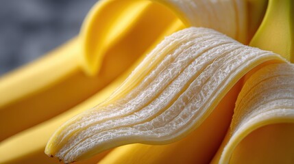 fruit macro photography, sharp, detailed close-up of banana peel texture with visible ridges, pigmentation, imperfections, and ripeness indicators under warm, soft lighting, showcasing blurred fruit