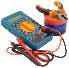 Digital multimeter, pliers and multicolored electrical tap