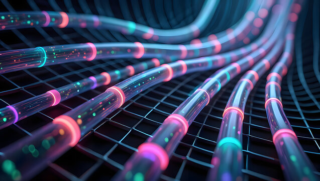 Futuristic Fiber Optic Cables with Vibrant Light Signals Flowing on a Dark Grid Network Revealing Advanced Technology