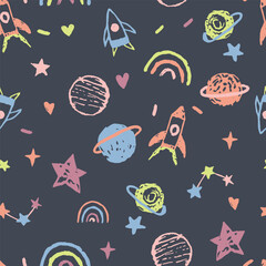 Vibrant and playful hand-drawn space-themed seamless pattern featuring rockets, planets, rainbows, hearts, and stars in bright pastel crayon-style colors on a navy blue background