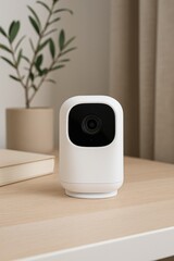 White Security Camera on Wooden Shelf