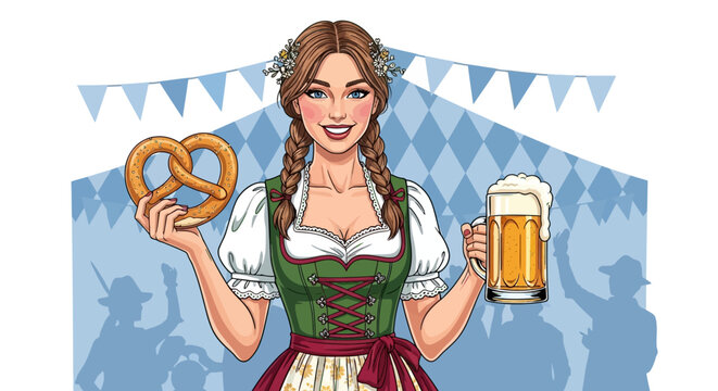 Oktoberfest Vector Illustration Girl with Pretzel and Beer Mug Design in Traditional Bavarian Dress with Cheerful Background