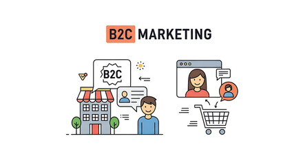 Illustration depicting business to consumer marketing with store customer and online interaction ai...